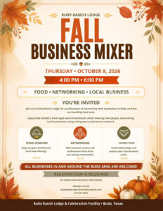 Flyer advertising Ruby Ranch Lodge's Fall Business Mixer on October 8, 2026 from 4:00PM – 6:00PM.