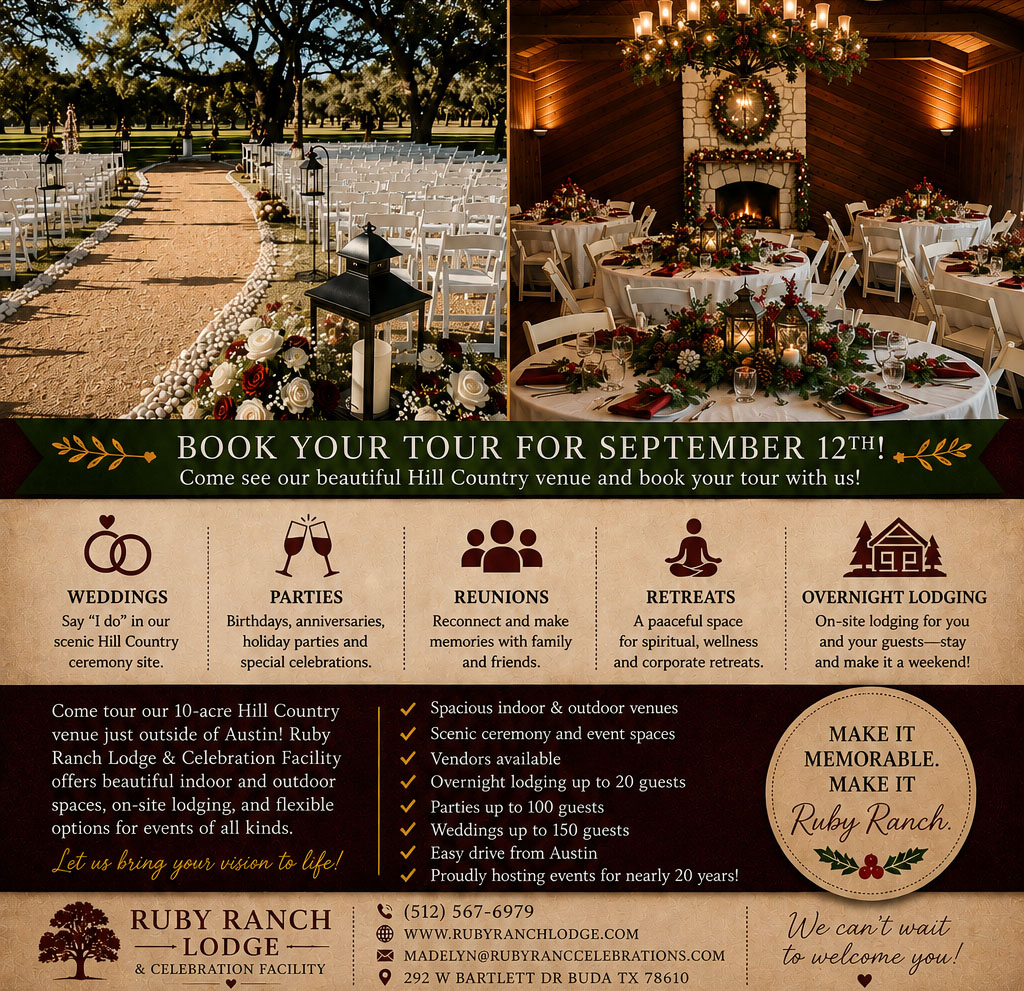 A flyer advertising venue tours for September 2026 at at Ruby Ranch Lodge and Celebrations Facility