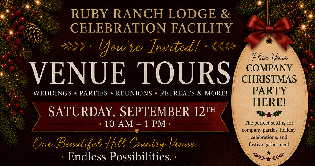 A banner advertising venue tours for September 2026 at at Ruby Ranch Lodge and Celebrations Facility